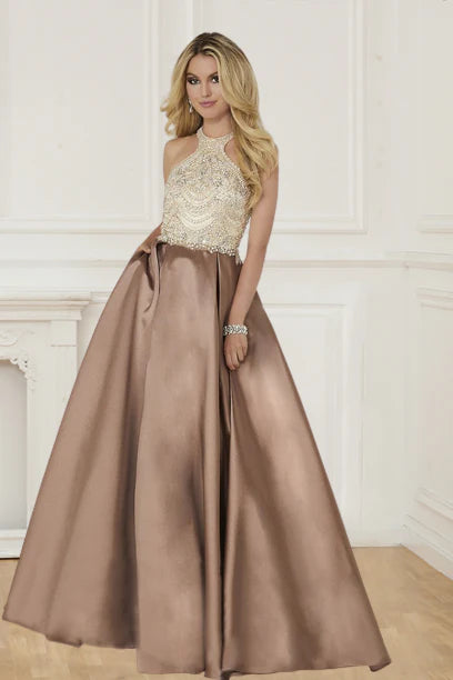 A-line satin dome dress with beaded trailing skirt