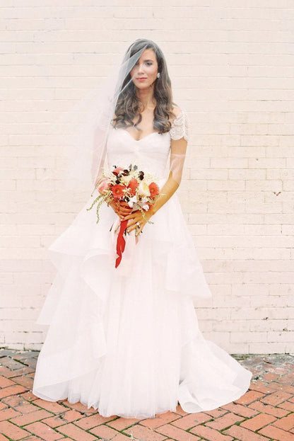 A-line short sleeved long ivory white sheer sweet pearl cute backless wedding dress