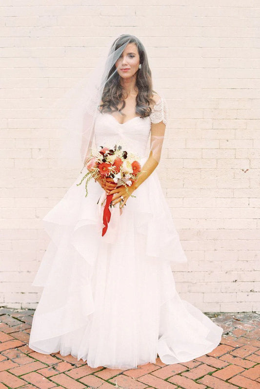 A-line short sleeved long ivory white sheer sweet pearl cute backless wedding dress