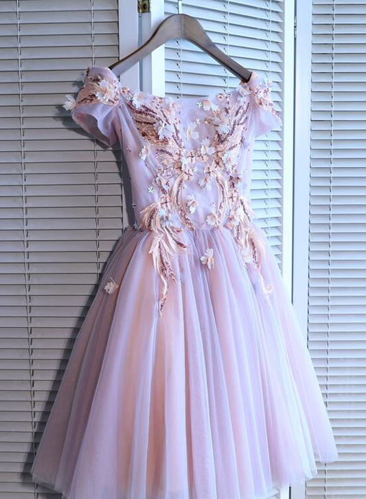 A-line short sleeved pink sheer decal knee length return to school party cocktail dress