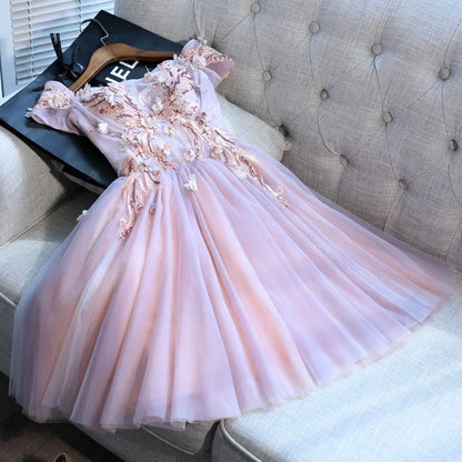 A-line short sleeved pink sheer decal knee length return to school party cocktail dress