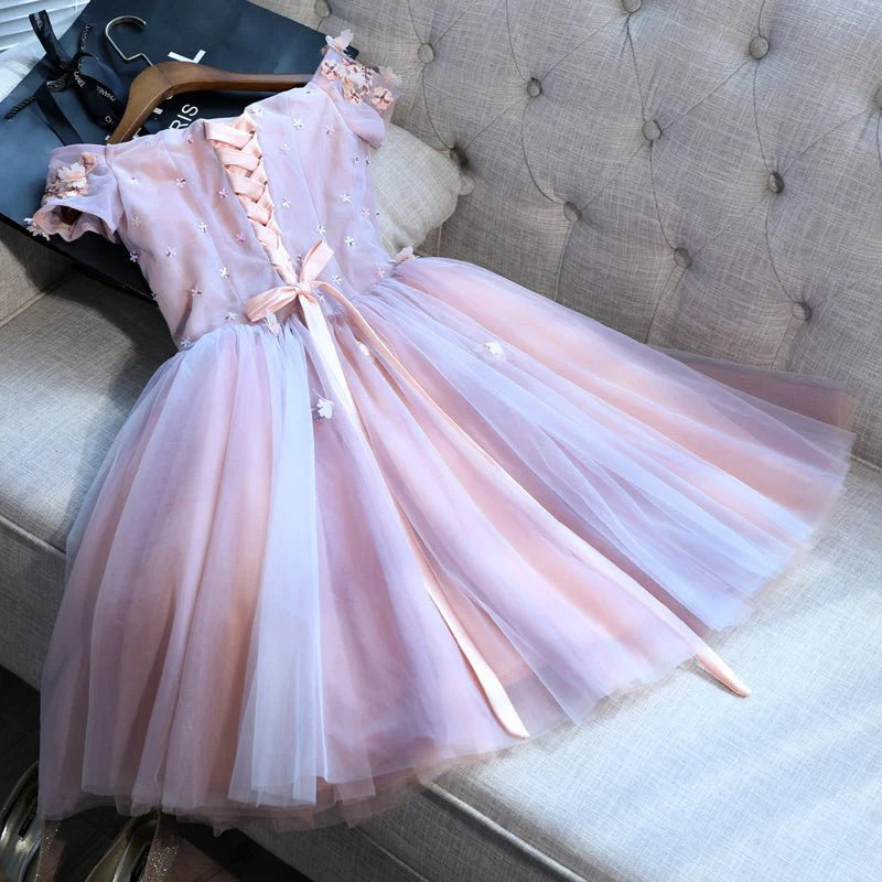 A-line short sleeved pink sheer decal knee length return to school party cocktail dress