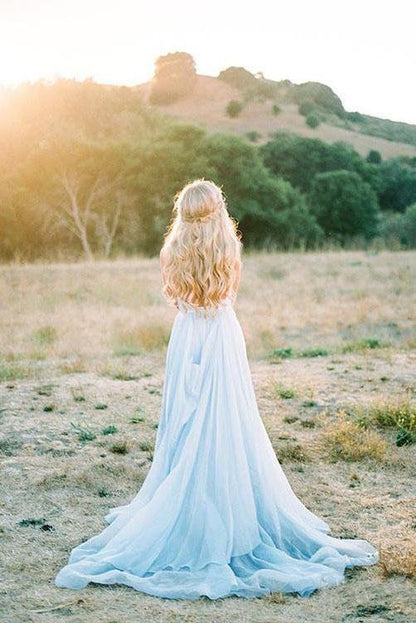 A-line Sky Blue Country Chiffon Deep V-neck Split Beach Wedding Dress