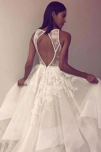 A-line sleeveless sheer beach floral wedding ball dress