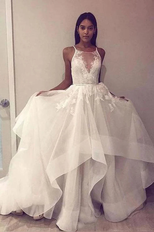 A-line sleeveless thin gauze beach wedding dress with decorative edge ball dress