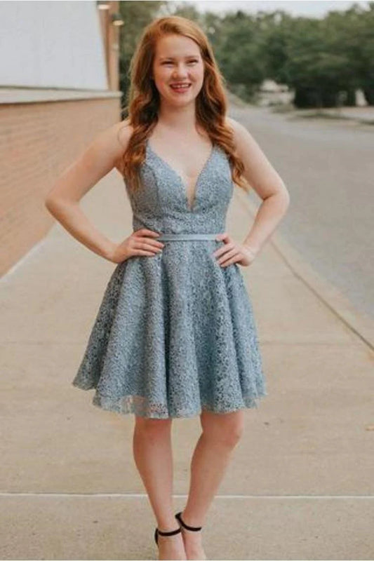 A-line Italian Noodle Strap Open Back Blue Lace Back to School Party Cocktail Ball Dress