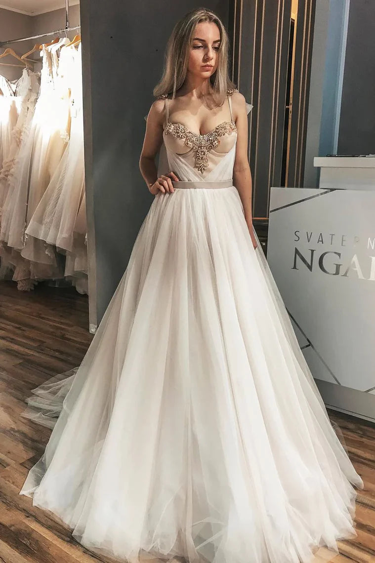 A-line thin shoulder strap crystal long wedding dress with champagne ribbon beaded rhinestones