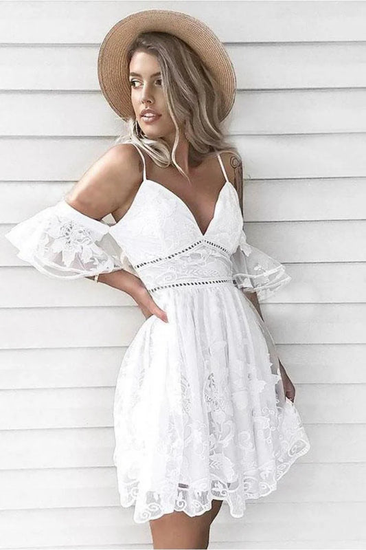 Italian Noodle Strap Short White Lace Back to School Dress