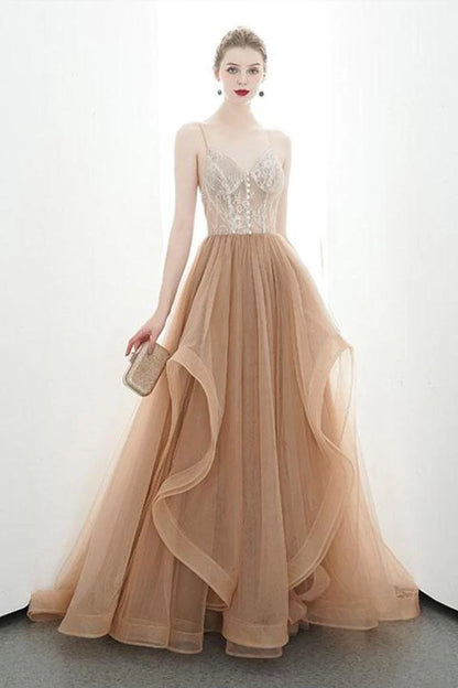 A-line Italian spaghetti strap sheer long ball dress formal evening dress