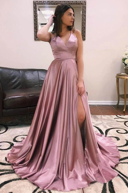 Italian Noodle Strap V-Neck Satin Lace High Split Ball Dress Long Evening Dress