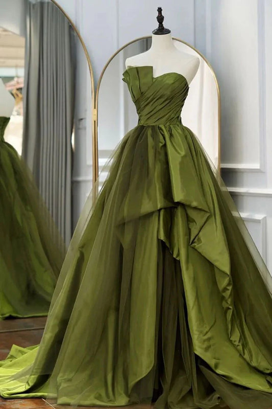 A-line sexy off the shoulder haute couture satin tulle sweep ball gown