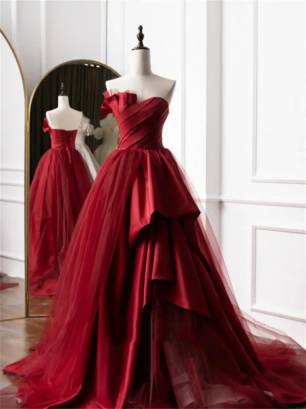 A-line sexy off the shoulder haute couture satin tulle sweep ball gown