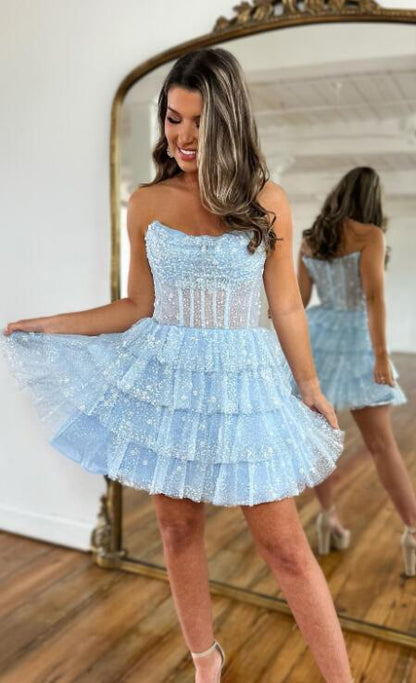 A-line sexy strapless short mini chiffon rolled edge back to school dress