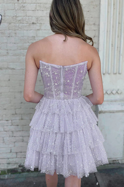 A-line Off Shoulder Short Mini Tulle Layered Ruffle Edge Back to School Party Dress