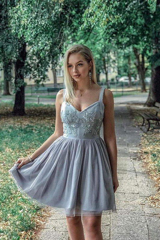 Strapless sheer pearl gray back to school short dress strap