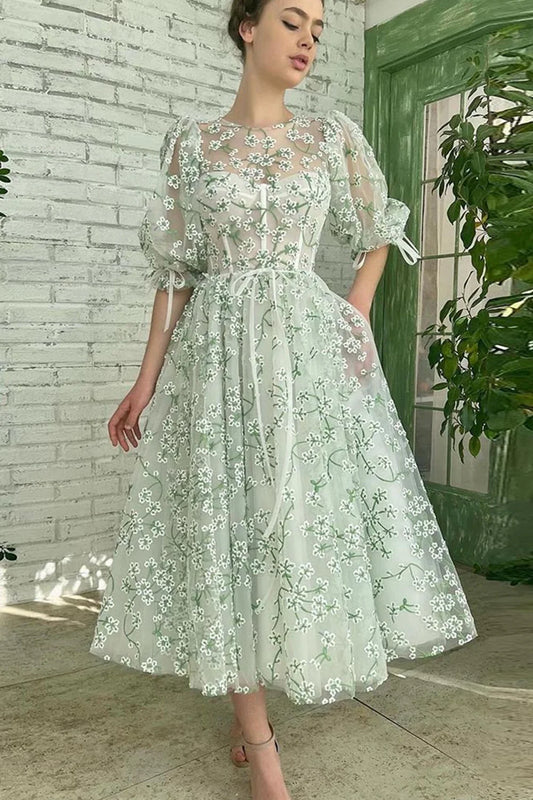 A-line tea long sticker short sleeved floral sheer back to school party skirt