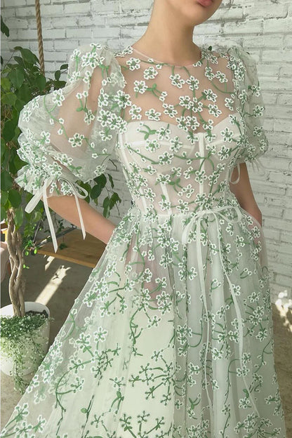 A-line tea long sticker short sleeved floral sheer back to school party skirt