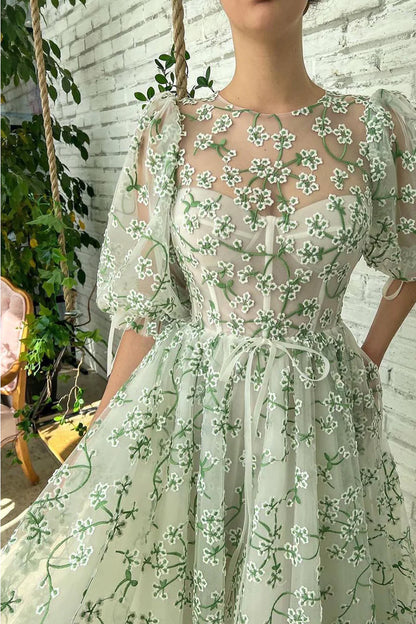 A-line tea long sticker short sleeved floral sheer back to school party skirt