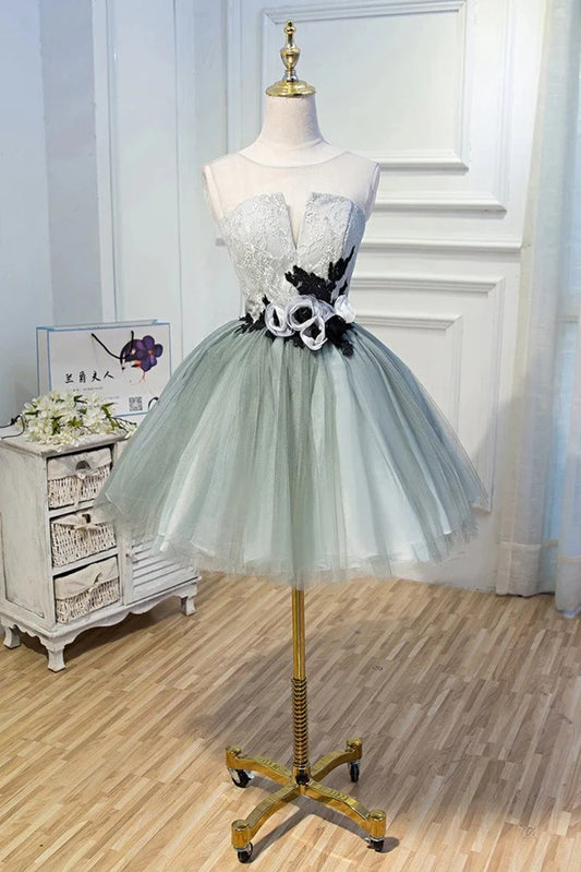 A-line sheer flower short back to school party dress with zipper design