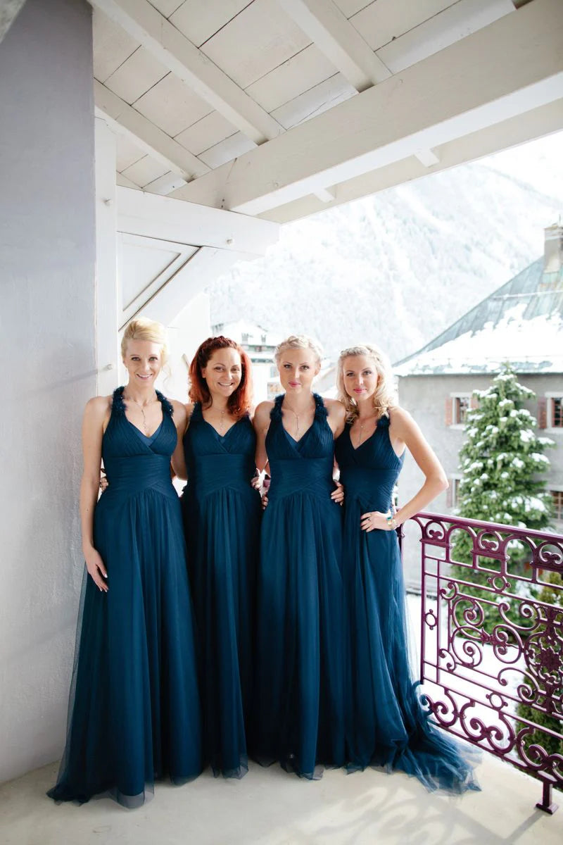 A-line sheer backless V-neck pleated long wedding bridesmaid dress