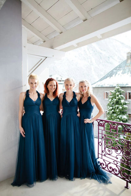 A-line sheer backless V-neck pleated long wedding bridesmaid dress