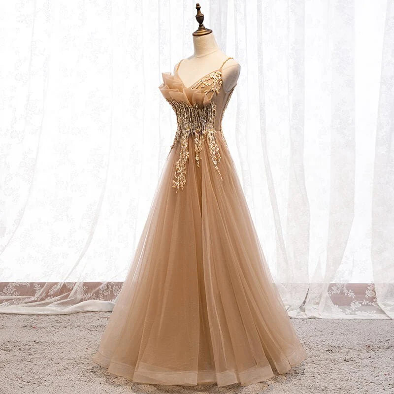 A-line sheer Italian spaghetti strap sleeveless lace lace ball dress floor mopping evening dress