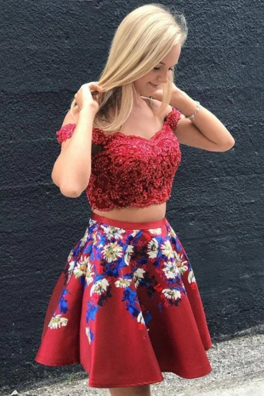 A-line Two Piece Off Shoulder Lace Applique Back to School Dress