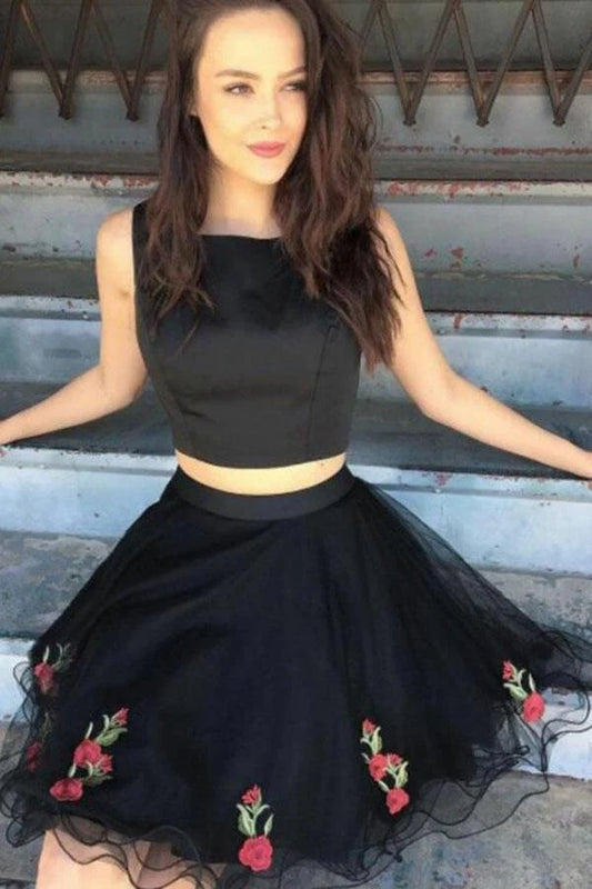 Two piece square short black knee length sheer back to school dress