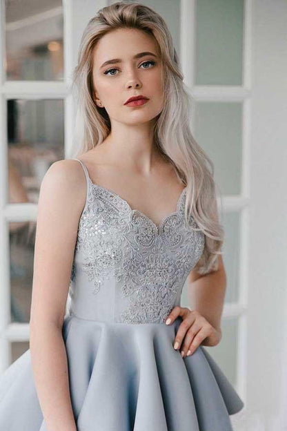 V-neck backless satin beaded gray thin shoulder strap lace back-to-school party dress