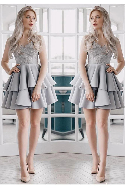 V-neck backless satin beaded gray thin shoulder strap lace back-to-school party dress
