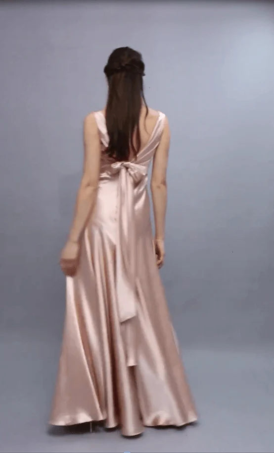 A-line V-neck bridesmaid dress with open back elastic satin and floor length dress
