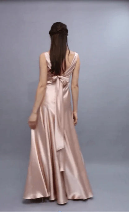 A-line V-neck bridesmaid dress with open back elastic satin and floor length dress