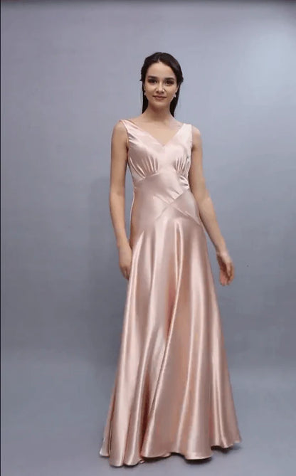 A-line V-neck bridesmaid dress with open back elastic satin and floor length dress