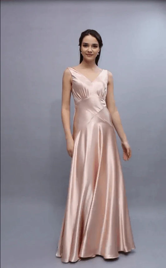 A-line V-neck bridesmaid dress with open back elastic satin and floor length dress