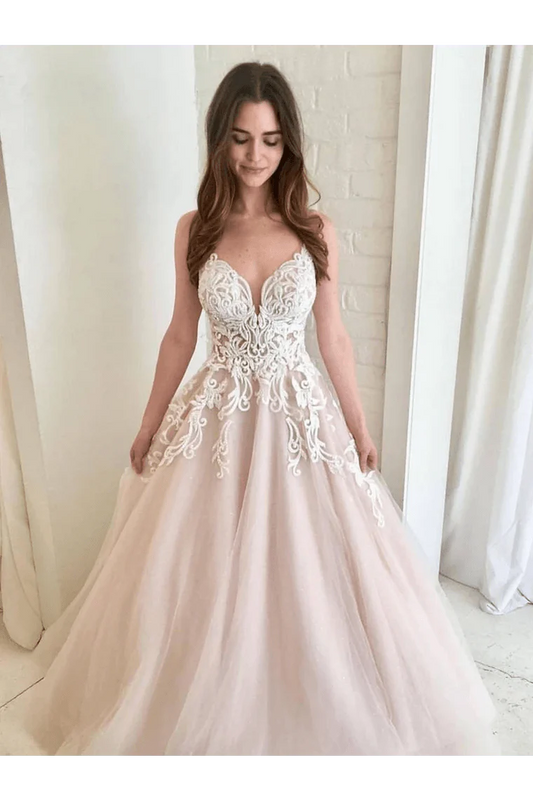 V-neck Champagne sheer wedding dress formal wedding banquet evening dress
