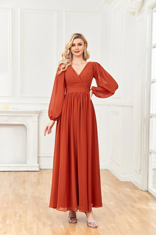 V-neck long sleeved chiffon ruffled formal ball and cocktail dress