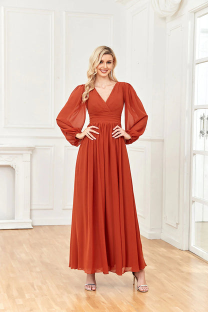 V-neck long sleeved chiffon ruffled formal ball and cocktail dress