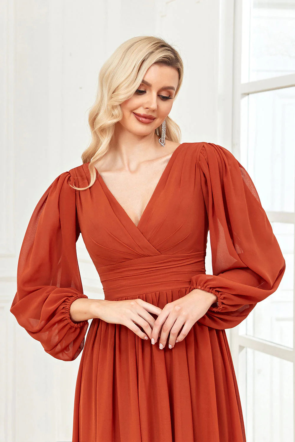 V-neck long sleeved chiffon ruffled formal ball and cocktail dress