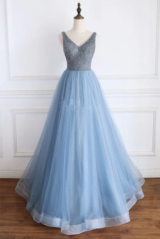 V-neck pink blue V-strap beaded ball dress evening dress