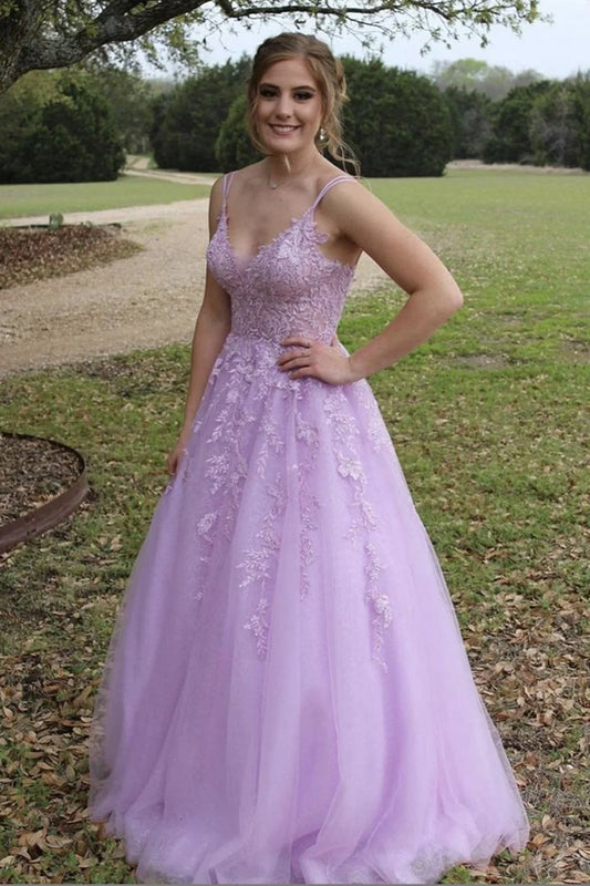 A-line V-neck purple lace long ball dress with fragrant lace formal evening dress