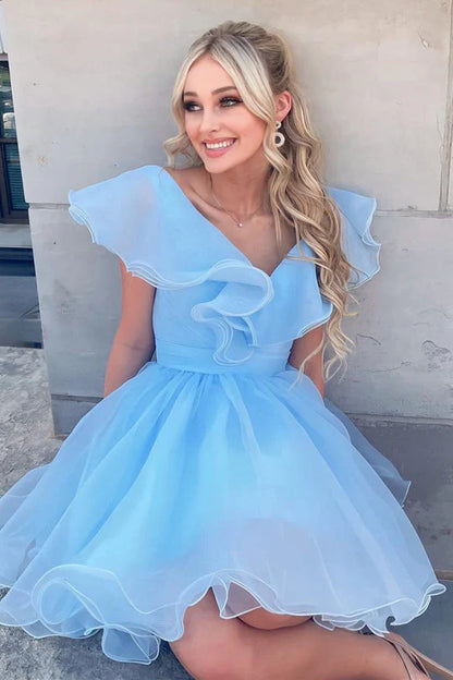 A-line V-neck short mini organza ruffled back to school party dress