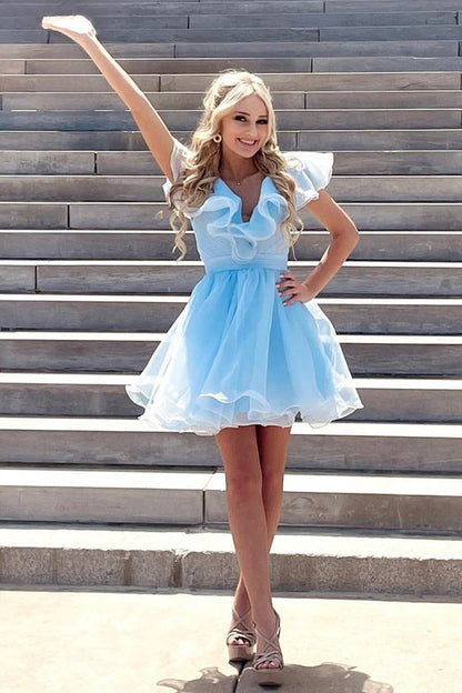 A-line V-neck short mini organza ruffled back to school party dress