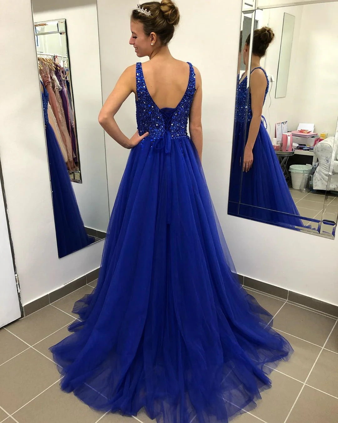 A-line V-neck sheer backless ball dress long evening dress
