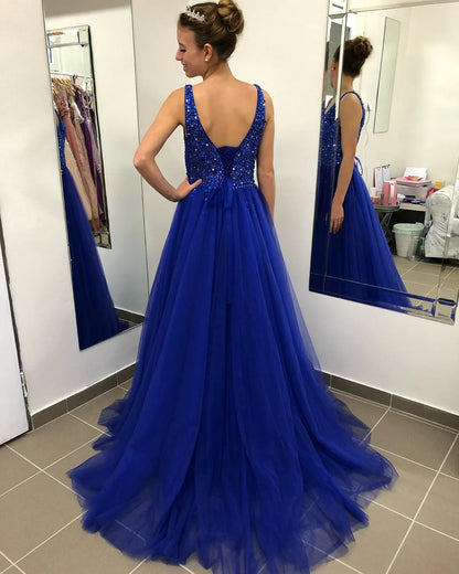 A-line V-neck sheer backless ball dress long evening dress