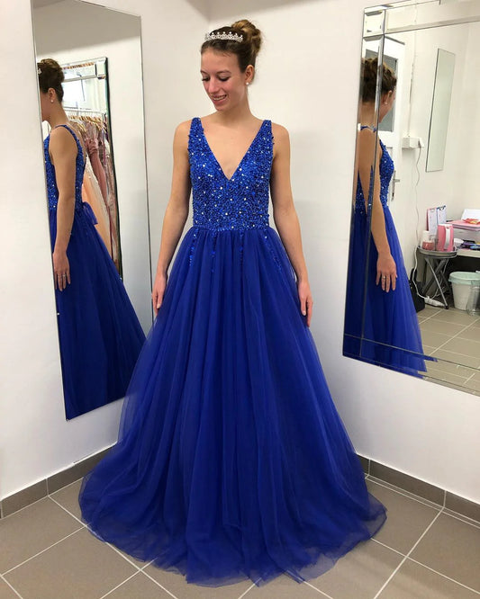 A-line V-neck sheer backless ball dress long evening dress