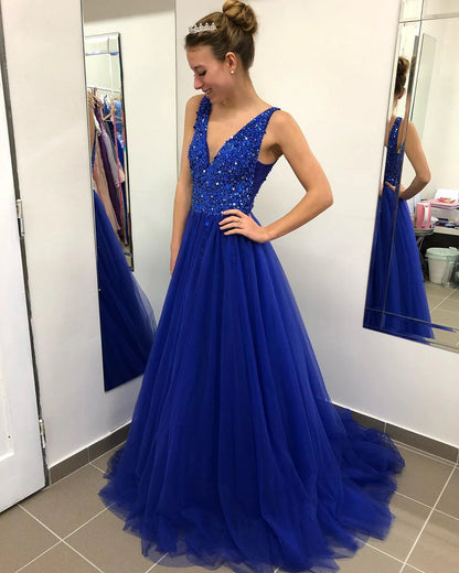 A-line V-neck sheer backless ball dress long evening dress