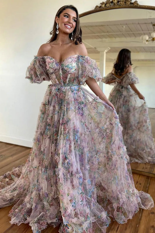 A-line elegant and sweet off the shoulder long sheer ball dress with belt