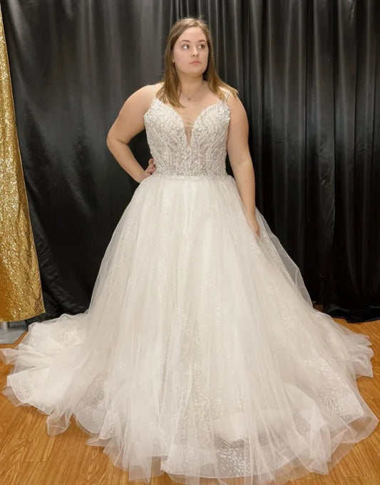 A-line Italian Noodle Sexy Strap sheer glitter plus size Wedding Dress