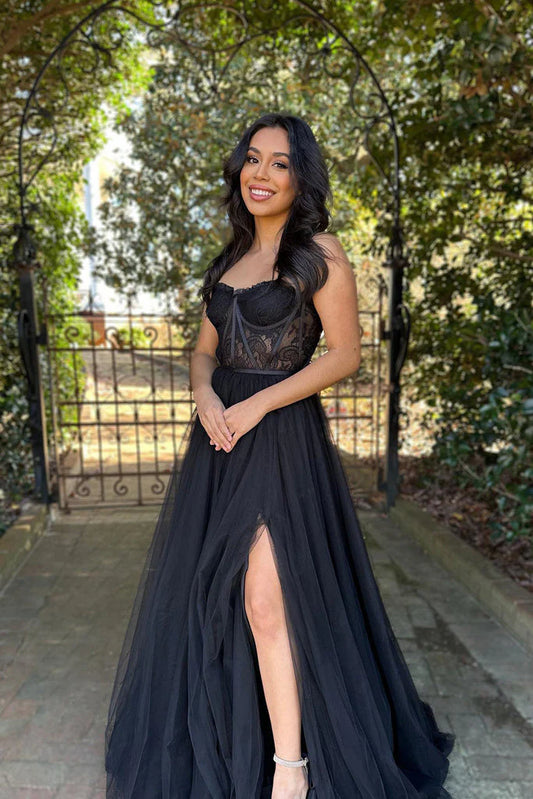 A-line sweet lace sheer long slit ball dress