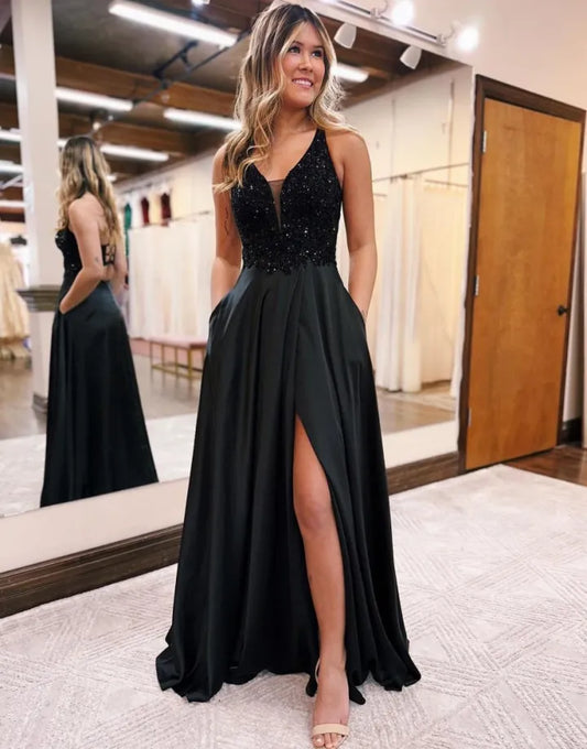 Sexy slim fit A-line V-neck flip collar long ball evening dress